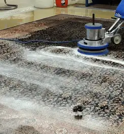 Professional rug cleaning with a rotary floor machine and shampoo foam, deep-cleaning an area rug Huntsville, AL.